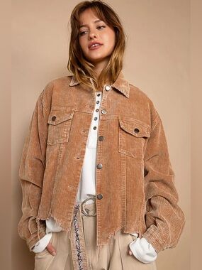 POL Clothing Love You a Latte Jacket - Cozy Corduroy Trucker Style in Teddy Bear